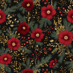 Festive Christmas seamless pattern with red flowers pine branches golden elements on black background