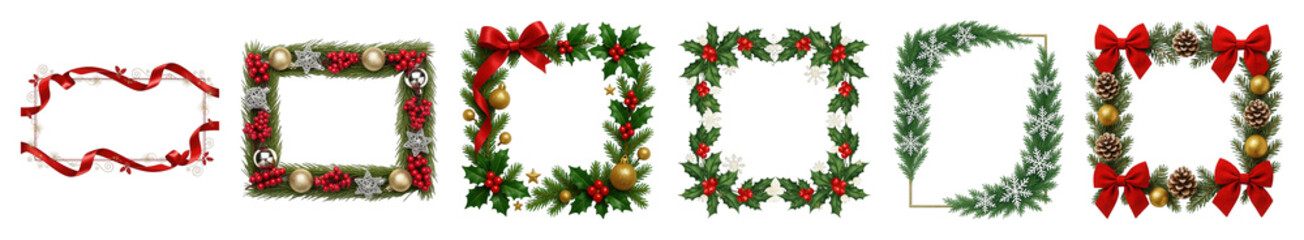 Christmas frames set including pine, holly, berries, bows, ornaments, pinecones, and ribbon isolated. Festive holiday decor collection.