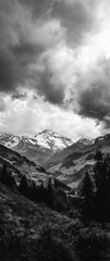 Obraz premium A dramatic grayscale landscape showcases a majestic mountain range under a stormy sky.