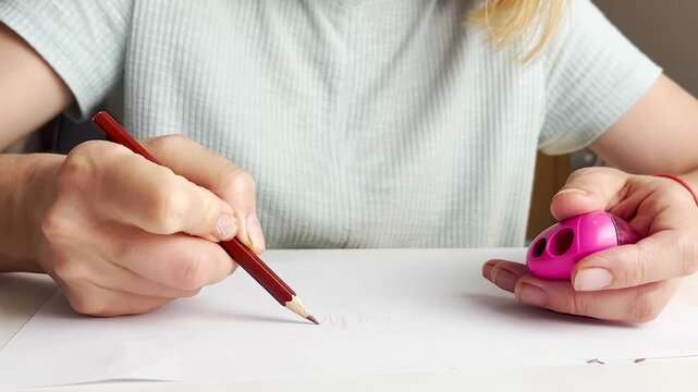 Close up video of woman sharpening pencil with pink sharpener over white paper on desk. Stationery use, school preparation, office supplies, drawing tool, creative process.