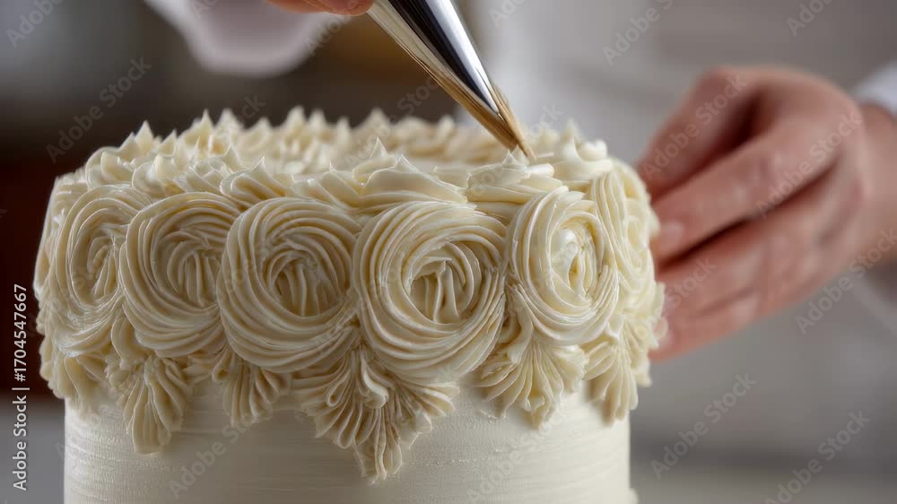 Poster Shot capturing a decorative piping technique using buttercream to create textured rosettes with the artisans hands and cake in crisp focus contrasted by a subtle background blur.