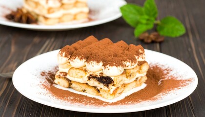 Delicious Tiramisu Dessert on Plate with Mint Leaves