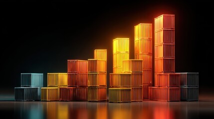 Export trade growth, glowing bar chart with shipping containers, 3D illustration.
