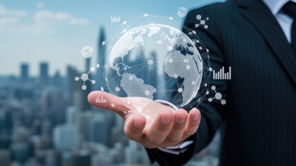 Dynamic businessman holding global network and data charts, visualizing future growth and innovation