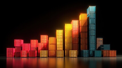 Obraz premium Export trade growth, glowing bar chart with shipping containers, 3D illustration.