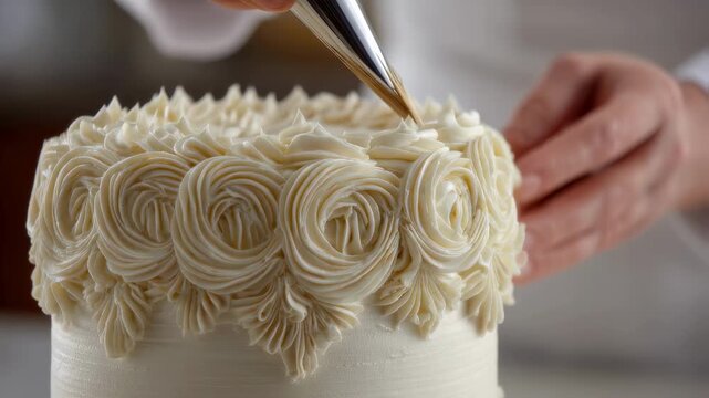 Shot capturing a decorative piping technique using buttercream to create textured rosettes with the artisans hands and cake in crisp focus contrasted by a subtle background blur.