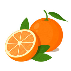 Whole orange fruit with green leaves and half orange slice. Fresh citrus illustration in flat cartoon style isolated on white background
