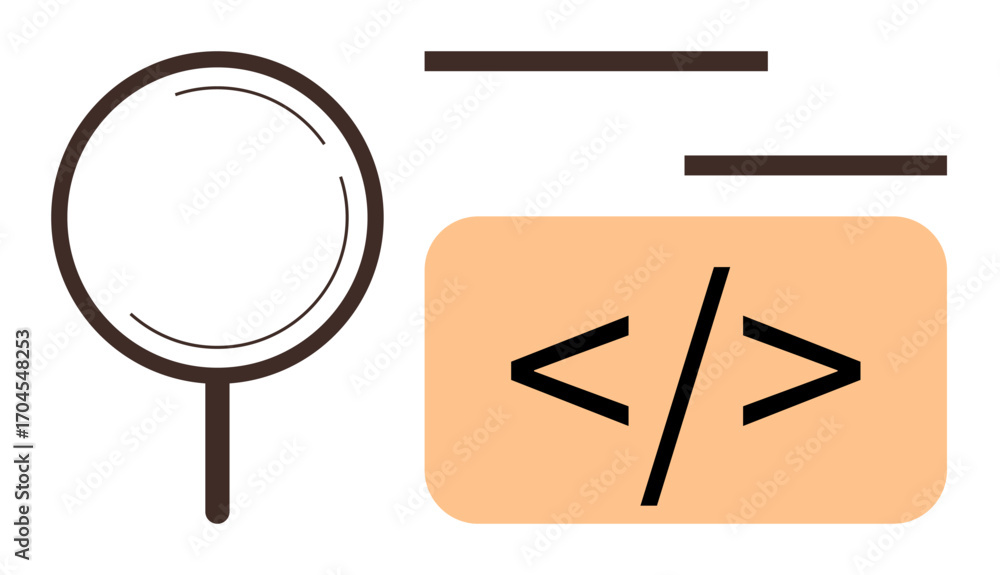 Aufkleber magnifying glass with coding tag and lines. ideal for coding, debugging, software testing, analysis,