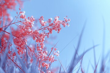 Delicate pink flowers against a light blue sky.