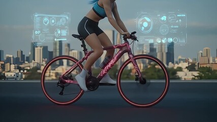 woman riding a smart bike with augmented reality displays through the city illustrating futuristic technology sustainable transportation and data analysis - Powered by Adobe