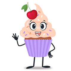 Adorable cartoon cupcake character with pink frosting, sprinkles, big eyes, a cherry on top, and a happy smile, waving on white background.
