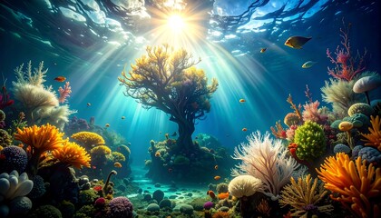 Underwater coral reef scene with sunbeams