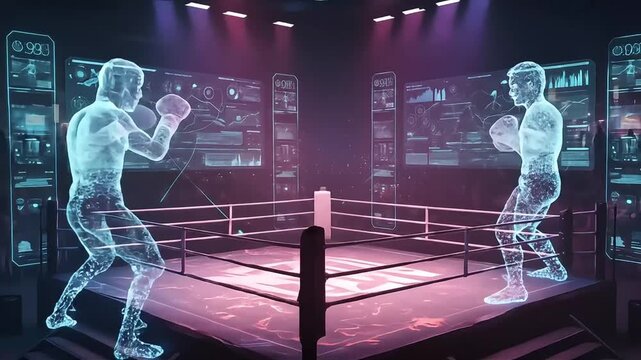 futuristic boxing match holographic fighters in ring showcasing technology and sports innovation for fitness apps and virtual reality entertainment.
