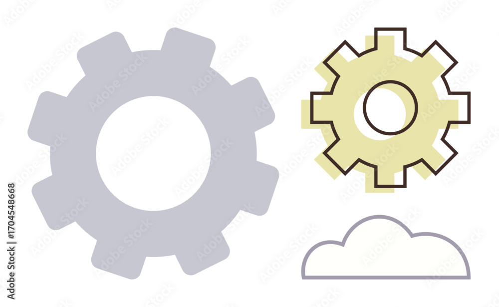 Poster two overlapping gears connected to a cloud figure representing teamwork, process, and innovation. id