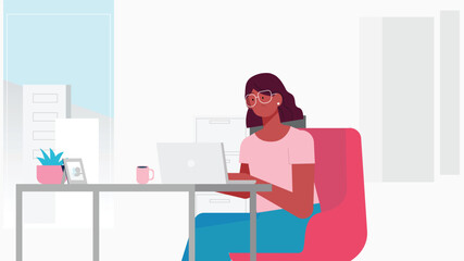 Woman Working from Home on Laptop in Modern Office Space