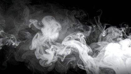 Wispy white smoke billows against a stark black background, creating a sense of ethereal movement and abstract form
