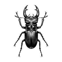 Detailed Black And White Stag Beetle Illustration With Transparent Background Ideal For Nature Designs, Entomology Projects, And Artistic Prints