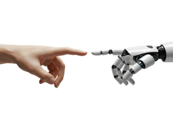 Human Finger Touches Robot Finger Symbolizing The Future Of Technology And Artificial Intelligence