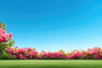 Fototapeta premium Pink blossoms frame a vibrant blue sky over a grassy lawn.
