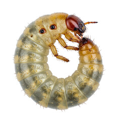 Detailed Closeup of a Translucent Pale Yellow Insect Larva Curled in a Circle on a Transparent Background, High Resolution Macro Photography Ideal