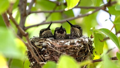 Three baby hummingbirds in a nest
