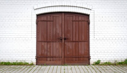 Rustic wooden doors on a white brick wall