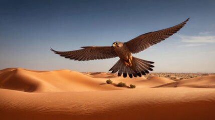 Falcon soaring over desert dunes