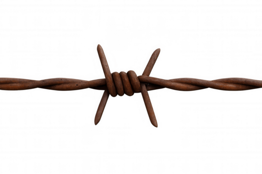 Close-up of rusty barbed wire symbolizing restriction, boundary, and security, isolated on a transparent background