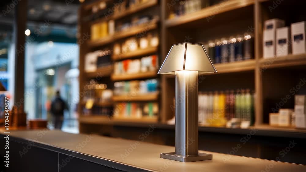 Poster medium shot featuring a modern solarpowered lamp on a store counter the lamp glowing brightly in sha