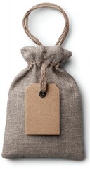 A light gray linen drawstring bag with a neutral-colored tag displays a simple and rustic aesthetic.