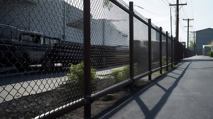 Fototapeta premium Industrial alleyway view featuring security fencing casting linear shadows on the pavement