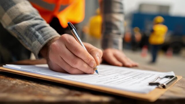 Contractor signing a safety compliance form during an induction medium shot capturing focused hands with safety documents and blurred construction zone.