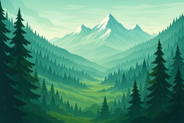 Majestic alpine forest landscape with emerald valleys and pristine mountain peaks in morning mist