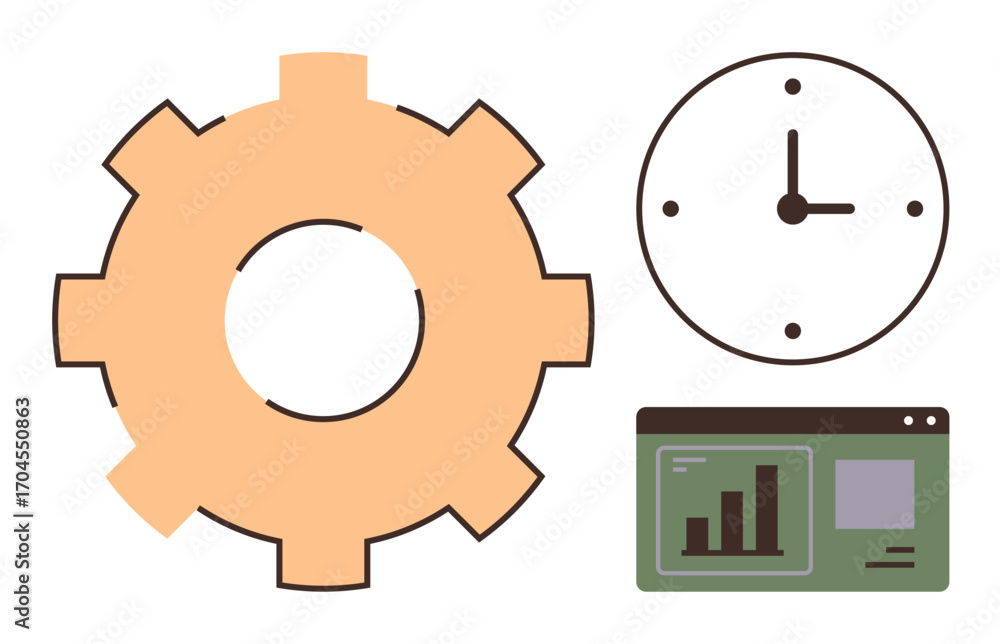Poster large gear, analog clock, and computer dashboard with a graph reflecting productivity tools, time pl