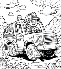 A happy firefighter driving the big truck coloring page