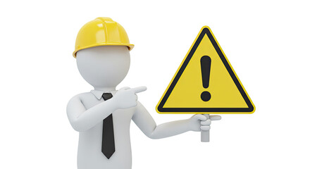 3D Render of White Figure in Hard Hat Pointing at Yellow Triangle Warning Sign on Transparent Background Ideal for Safety Regulations and Industrial