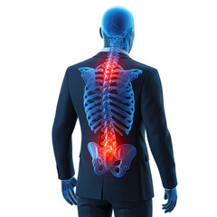 3D Render of a Man in a Suit with Visible Spine and Lower Back Pain Illustration, Transparent Background, Medical, Healthcare, Anatomy, Pain