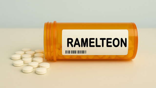 Box of RAMELTEON tablets on a hospital pharmacy table used to treat insomnia a melatonin receptor agonist.