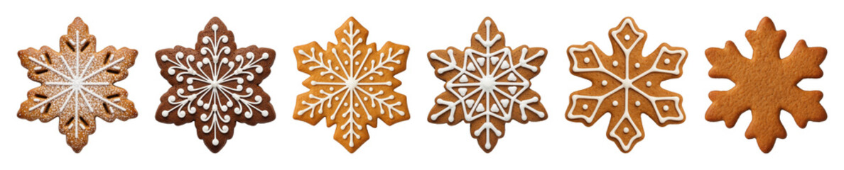 Gingerbread snowflake set including iced, powdered, and plain cookies isolated. Christmas and winter holiday treats.