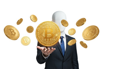 A faceless businessman in a dark suit levitates a large golden Bitcoin, surrounded by smaller golden Bitcoins against a transparent background.  This