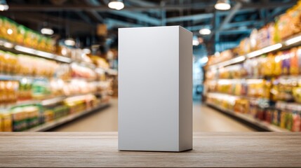 Blank cereal box template on grocery store shelf. Modern packaging mockup