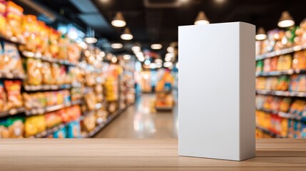 Blank cereal box template on grocery store shelf. Modern packaging mockup