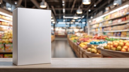 Blank cereal box template on grocery store shelf. Modern packaging mockup