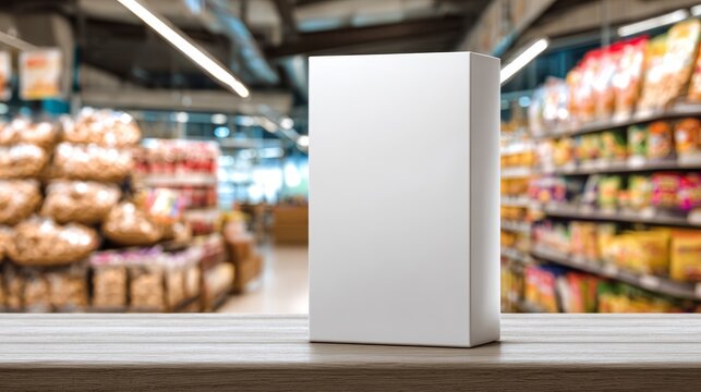 Blank cereal box template on grocery store shelf. Modern packaging mockup
