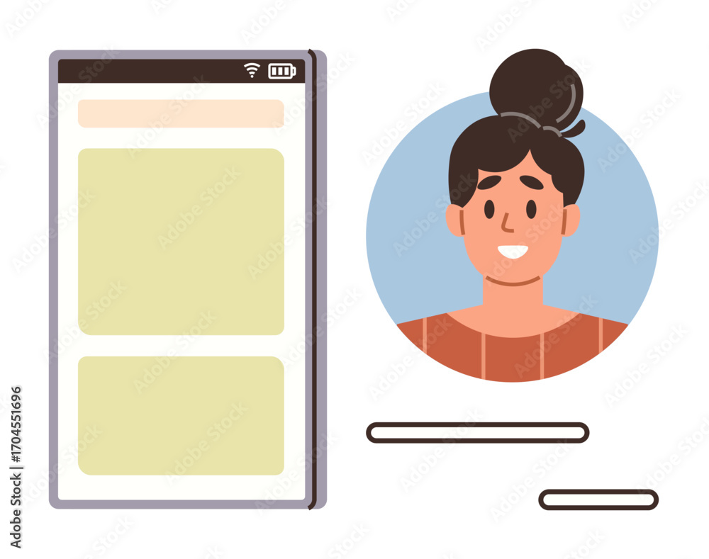 Poster smartphone interface with messaging layout beside a smiling user avatar. ideal for communication, te