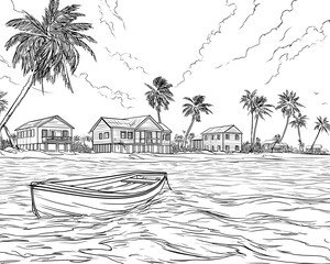 A small boat being plunged off the beach during hurricane coloring page