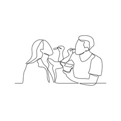 One continuous line drawing of people are eating cakes in the food court area vector illustration.  Food street illustration in linear style vector concept. Great design for food business campaign.
