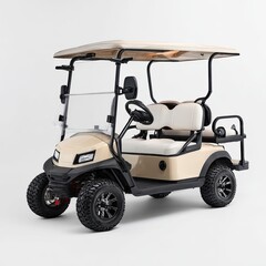 Fototapeta premium Beige four-seater golf cart with black rims, a tan canopy, and a windshield, shown against a white background