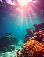 Underwater coral reef, sunbeams