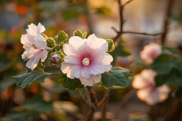 Obraz premium Delicate pale pink flowers in soft sunlight.